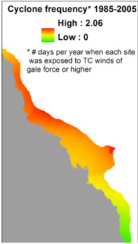 Cyclone frequency from the years 1985-2005. Image by Hill <em>et al</em>., 2012