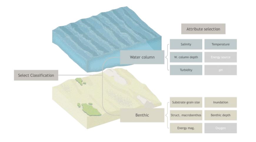 Figure 1 - Benthic (B) and water column (WC) ecosystems are classified using separate (but overlapping) attributes of the scheme