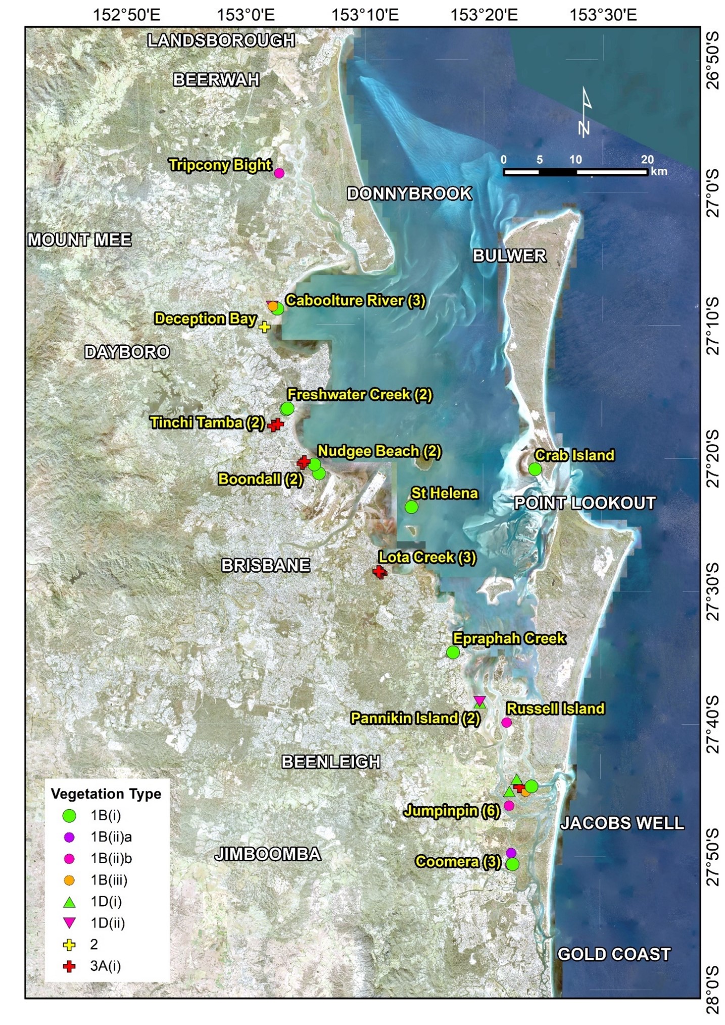 Study area showing the network of permanent monitoring plots - numbers refer to number of sites at each location Image by Queensland Herbarium