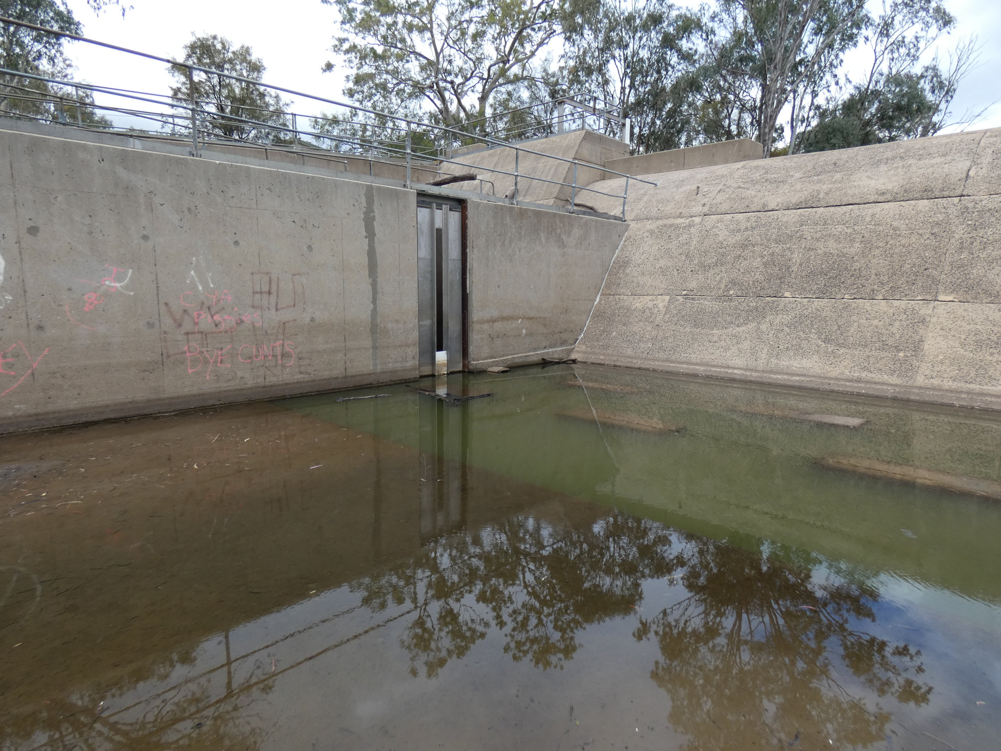 Vertical slot fishway entrance (centre) and Loudoun Weir (right) (Condamine River, Qld) Photo by Douglas Harding