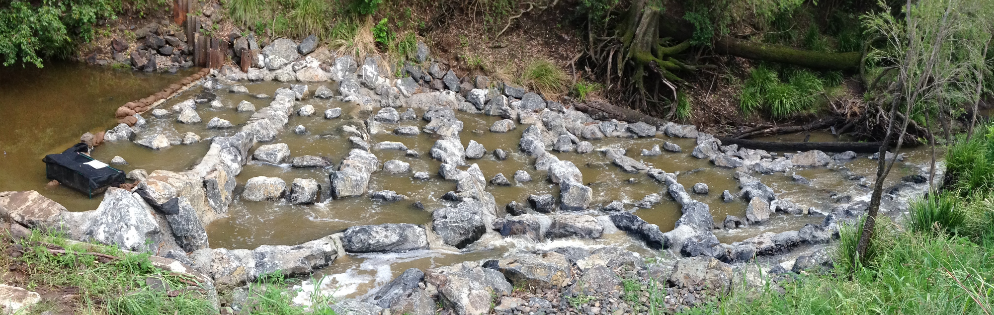 Reverse (dog leg) rock ramp fishway built into the tailwater with a partial width design during low flows and full width during high flows down the centre (due to site constraints), Berrys Weir, Bremer River, Queensland Photo by Matthew Moore