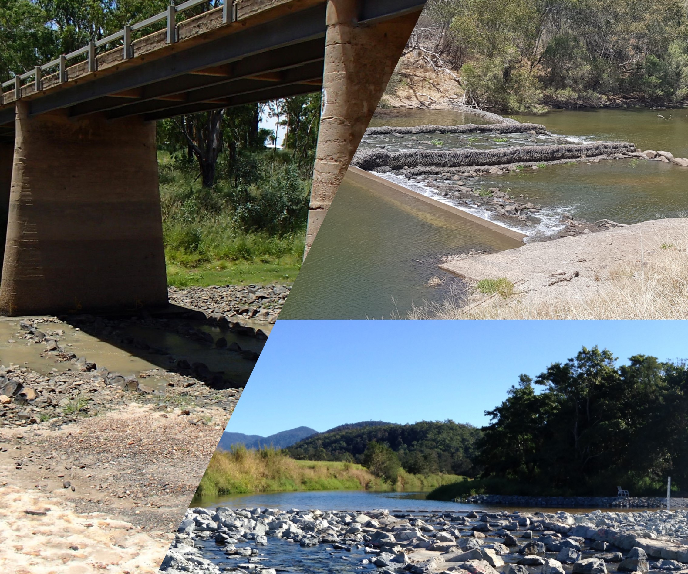 Rock Ramp examples: <br>
		1. Left: full width lateral ridge rock ramp, Condamine Weir, Condamine, Queensland<br> 
		2. Top right: partial width lateral ridge rock ramp, Goondiwindi weir, Macintyre River, Queensland<br> 
		3. Bottom right: full width rock ramp fishway with low flow lateral ridge channel down the centre and high flow random rock graded ramp on both banks, Clews Road, Murray Creek, Queensland Photo by 1 and 2 Janice Kerr and 3 Matthew Moore