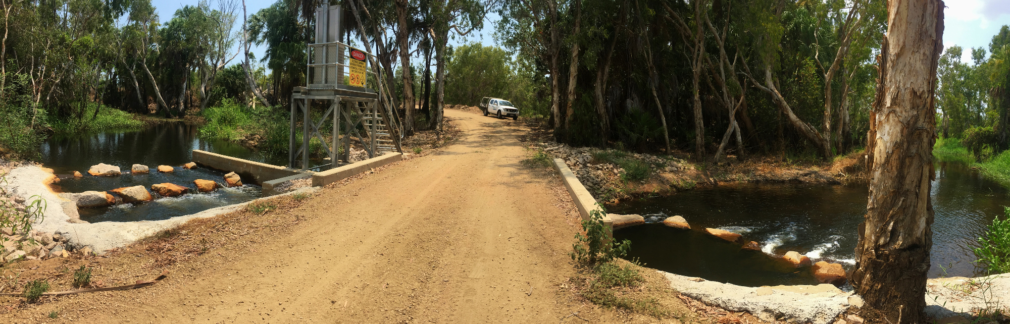 Lateral ridge rock ramp fishway built into the headwater with one ridge downstream (in tailwater) to ensure good entrance attraction flows during times when irrigation infrastructure is in operation, Palm Tree Road, Sandy Creek, Queensland Photo by Matthew Moore