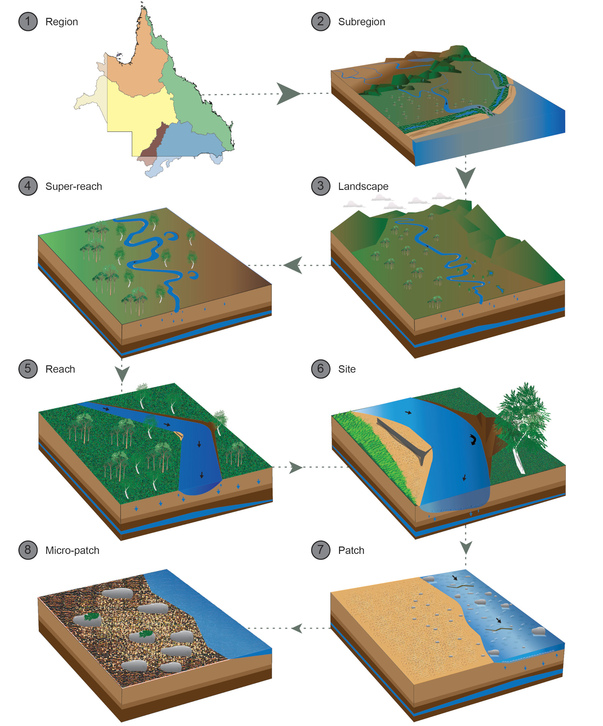 The eight levels used to describe different spatial scales of river systems